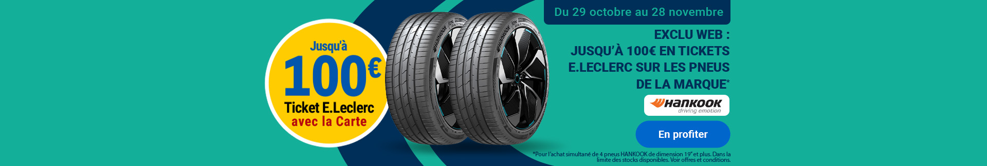 Hankook : jusqu'à 100 € en Ticket E.Leclerc sur les pneus du 29/10 au 28/11
